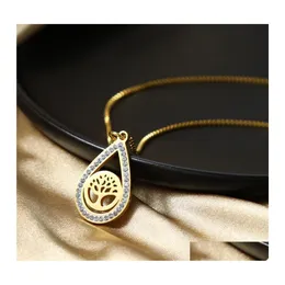 Pendanthalsband Tree of Life Cz Water Drop Necklace Gold Color Bijoux Collier Elegant Women Titanium Steel Jewelry Gifts Leverans P DHV58