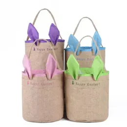 Burlap Happy Easter Basket with Bunny Ears Baskets Jute Bucket Tote Bag Cute Easter Eggs Gift DIY Handbag Rabbit Ears Put Storage Bags A0117