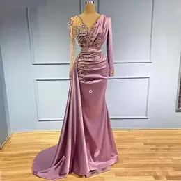 Light Purple Mermaid Evening Dresses Sheer V Neck Appliqued Beaded Long Sleeve Formal Prom Party Second Reception Special Occasion Gowns Wear