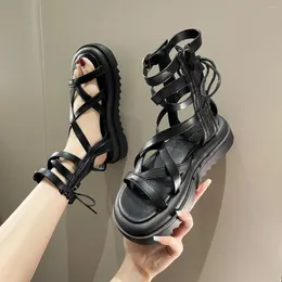 Sandals BeauToday Gladiator Women Cow Leather Platform Shoes Drawstring Side Zipper Closure Summer Ladies Handmade