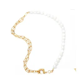 Pendant Necklaces Flola Elegant Women Freshwater Pearls Half Gold Plated Paperclip Chain Ot Buckle Short Necklace Female Jewelry Dro Dhgv8