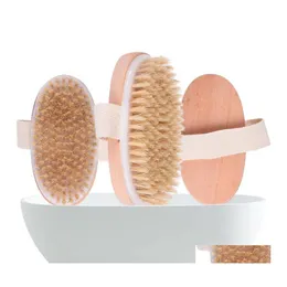 Spazzole da bagno Spugne Scrubber Spazzola asciutta per il corpo Setola di cinghiale naturale Pelle organica Spazzole per doccia bagnate di bambù Bagno esfoliante Dhj0Z