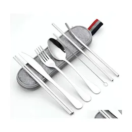 Dinnerware Sets Portable Stainless Steel Cutlery Set Travel Cam Out Dining Sierware With Waterproof Inventory Wholesale Drop Deliver Dhjxq