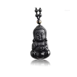 Colares pendentes Buda de beb￪ esculpida em obsidianos negros naturais com mi￧angas de sorte de mi￧angas de j￳ias femininas de colar de j￳ias femininas