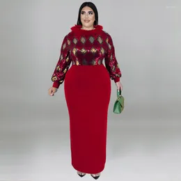 Sukienki plus size 2023 Jednolity Cekiny Obcisła długa sukienka Styl imprezowy Okrągły dekolt Panel Wełniany rękaw Elegancja Damskie