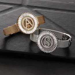 Braccialetti con ciondoli Bracciale classico con cintura per orologio in acciaio inossidabile Cristallo CZ Zircone Colore argento 26 lettere iniziali per donna Donna