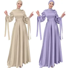 Ethnic Clothing Ramadan Eid Djellaba Muslim Dress Dubai Shiny Soft Grosgrain Silk Abaya Turkey Islam Robe With Belt