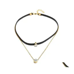 Gargantillas Mujeres Moda Zircon Collares Doble Cuerda de cuero negro Chian Aleación Cuello Oro Gota Entrega Joyería Colgantes Dhpq9