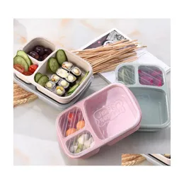 Lunch Boxes Bags Student Box 3 Grid Wheat St Biodegradable Microwave Bento Kids Food Storage School Containers With Lid Drop Deliver Dhmlz