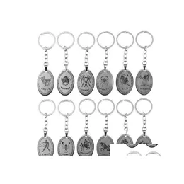 Key Rings 12 Constellations Stainless Steel Keychains Pisces Aries Leo Virgo Pendant Chain Vintage Zodiac Sign Holder Gift For Drop Dhphy