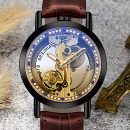 손목 시계 고급 다이아몬드 단일 브리지 시계 남자 중공 투명한 시계 투르 빌론 자동 기계적 reloj hombre