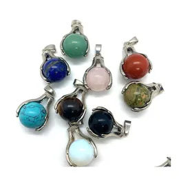 Charms Mano Sostenga Piedras de cristal naturales Redonda Ojo de Tigre Negro Onyx Rosa Cuarzo Piedra Bola Charm Beads Colgantes para la fabricación de joyas Dr Dhmhv