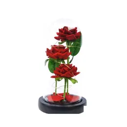 Dekoracyjne kwiaty wieńce sztuczne wieczne tkaniny róża światła LED Piękno bestia w szklanym wystroju domu na rok walentynki chłon