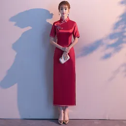 Abbigliamento etnico Borgogna Elegante manica corta Lungo Cheongsam Lady Sexy Slim Abito da sera cinese Squisito Bottone Trim Novità Qipao