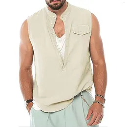 Camisas casuais masculinas Camisa de verão masculina Tamas de cores sólidas coletes de praia lotes de linho de algodão sem mangas