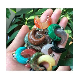 Charms 30Mm Natural Stone Crystal Pendants Ox Horn Crescent Shape Copper Edging For Necklace Jewelry Making Diy Gift Women Drop Deli Dhlkj