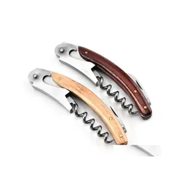 Openers Nonslip Wood Handle Corkscrew Knife Pl Tap Double Hinged Red Wine Opener Metal Beer Bottle Openerkitchen Bar Waiter Tool Gif Dhi5K