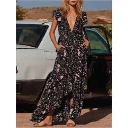 Casual Dresses Elegant For Women Sexy Slim V-Neck Irregular Belt Skirt Short Sleeve Cosy Party Prom Robe Floral Print Vestidos De Noche