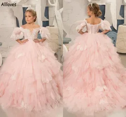 Pink Puffy Short Sleeves Flower Girl Dresses For Wedding Lace Appliqued Tiered Skirt Little Girl's Pagenat Birthday Ball Gown Infant First Communion Dress CL1707