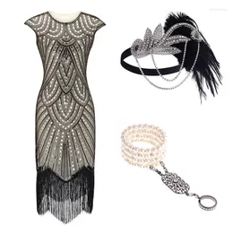 Casual Dresses Sequin Fringed 1920s Gatsby Paisley Vintage Beaded Flapper Party Dress With 20s Accessories Set Pluse