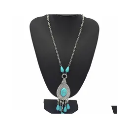 Pendant Necklaces Turquoise Necklace Retro Patterns Carved Drop Sweater Chain Peacock Tail Pattern Moon Delivery Jewelry Pendants Dhxp8