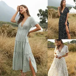 Casual Dresses 2023 Summer Beach Holiday Dress Women Floral Print Elegant Boho Long Ruffle Short-Sleeve V-Neck Sexy Party Robe