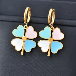 Hoop Earrings LEEKER Sweet 316L Stainless Steel Gold Color For Women Blue Pink Enamel Flowers Jewelry Gift Accessories 915 LK3