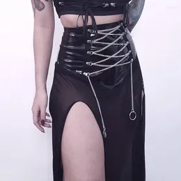 Etek Kadın Moda Gotik Uzun Etek Mesh See-Through Cross zinciri Strappy Yaz Koyu Tarz Taraf Yüksek Slit Street Giyim