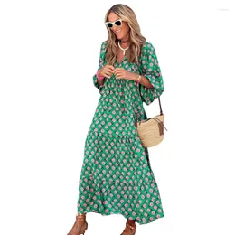 Abiti casual Summer Sun-Dress Women Maniche Sfugo Abito da spiaggia V Neck Long She Sexy Bohémien Polyester Maxi