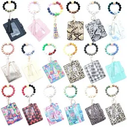 Party Favor Wristlet Keychain Fashion PU Leather Key Ring Bracelet Chain Beaded Bangle Card Holder ss0118