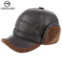 Berets CAMOLAND Winter Men PU Leather Bomber Hats Thicker Faux Fur Russia Hat Warm Baseball Cap With Ear Protection Classic Dad
