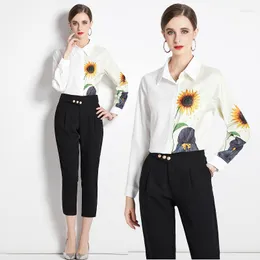 Women's Blouses Spring Summer Fall White Sunflower Print Long Sleeve OL Womens Party Casual Fashion Elegant Temperament Top Shirts Blouse