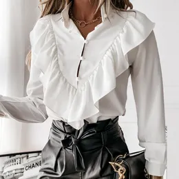 Blouses femininas Spring Office Lady Chiffon camisa Blusa da bolinha para mulheres de manga comprida Ruffled-deco