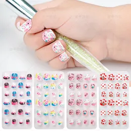 False Nails Children Candy Nail Decoration Tips Cartoon Full Cover Kid Pink Fake Art For Little Girls Manicure Tool 24pcs/Set