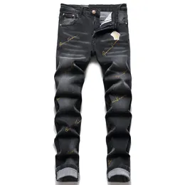 Nya jeans chino byxor byxa mäns byxor sträcker sig nära passande slacks tvättade rak mager broderi lapptäcke rippade mens trend märke motorcykel jeans-c14