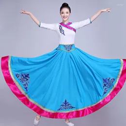 Abbigliamento da palcoscenico Costume da danza popolare cinese Abito da spettacolo in stile tibetano mongolo (gonna lunga superiore) Abbigliamento da festival per donna