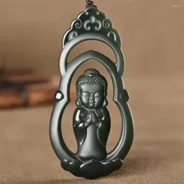 Pendant Necklaces Natural A Hetian Jade Hand Carved Talisman Black Buddha Green Unique Design Jadeite Necklace Men Jewelry