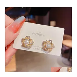 Stud Fashion Jewelry S925 Sier Post Faux Pearl Flower Earrings Inliad Diamond Rhinestone Drop Delivery Dh7Gi