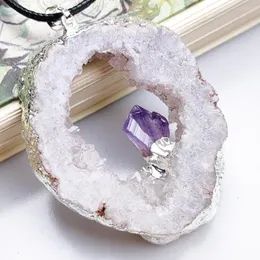 Pendant Necklaces Natural Crystal Agate Quartz Geode Slice With Amethyst Inlaid Silver Plated Edge Sweater Chain Hollow Necklace For Women