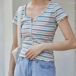 Vrouwen T-shirts 2023 Koreaanse Casual Gestreepte Korte Mouw T-shirt Vrouwen Mode V-hals Slanke Crop Top Vrouw Zomer Kleine frisse Tees