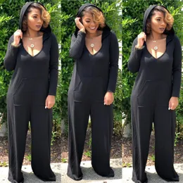 Kobiety Jumpsuits Rompers Women Lose Pocket Black Blacks z kapturem z długim rękawem szeroką nogę Kobieta Mujer WDC1925Women's Women'swome