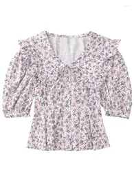 Women's Blouses DYLQFS Retro Chic Cute Floral Loose Women Top High Waist 2023 Casual Edge Puff Sleeve Print Elegant Sweet Girl Shirt