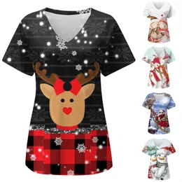 Women's T Shirts Christmas Santa Womens Short Sleeve V Neck Printed Top Nurses Working Blouse With Pockets Cute Summer