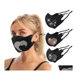 Designer Masks Cloth Face Rhinestones Love Heart Patterns Rope Stretchable Mask Breathable Anti Dust Black Facemask For Adts 9 25Jy Otug9