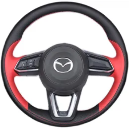 Mazda 6 için Atenza Mazda 3 Axela 2017-2019 DIY elle dikilmiş kırmızı siyah deri araba direksiyon kapağı