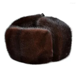 Berets luksusowy zima gęsty oryginalny kapelusz bombowy dla mężczyzny czarny/brązowy tag starszy ucho ciepłe motocykl Chapeau Rosyjskie czapki prezent