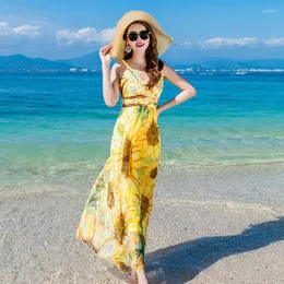 Sukienki swobodne Wysokie prawdziwe jedwabne sukienki Kobiety Summer 2023 Floral Long Beach Boho Pasek Maxi Vestido de Mujer KJ