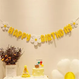 Party Decoration Non Woven Daisy Happy Birthday Decorations Banner White Flower Garland Yellow Flag Gift For Kids Boy Girl Baby Shower