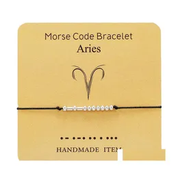 링크 체인 매력 Morse Code Beaded 12 Constellation Link Bracelet Handmade Braided 조정 가능한 검은 밧줄 우정 생일 선물 D Dhlle