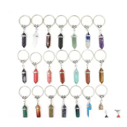 Arts And Crafts Natural Stone Hexagonal Prism Key Rings Keychains Healing Pink Crystal Car Decor Chain Keyholder For Women Men Jewel Dhgfn